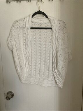 White Open-Knit Short Sleeve Sweater Cardigan